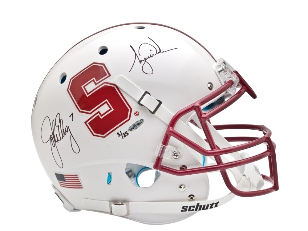 John Elway Tiger Woods Autographed Stanford Helmet Limited Edition 25 Upper Deck: John Elway Tiger Woods Autographed Stanford Helmet Limited Edition 25 Upper Deck This authentic Stanford helmet features dual signatures from legendary athletes John Elway and Tiger Woods. Limited to