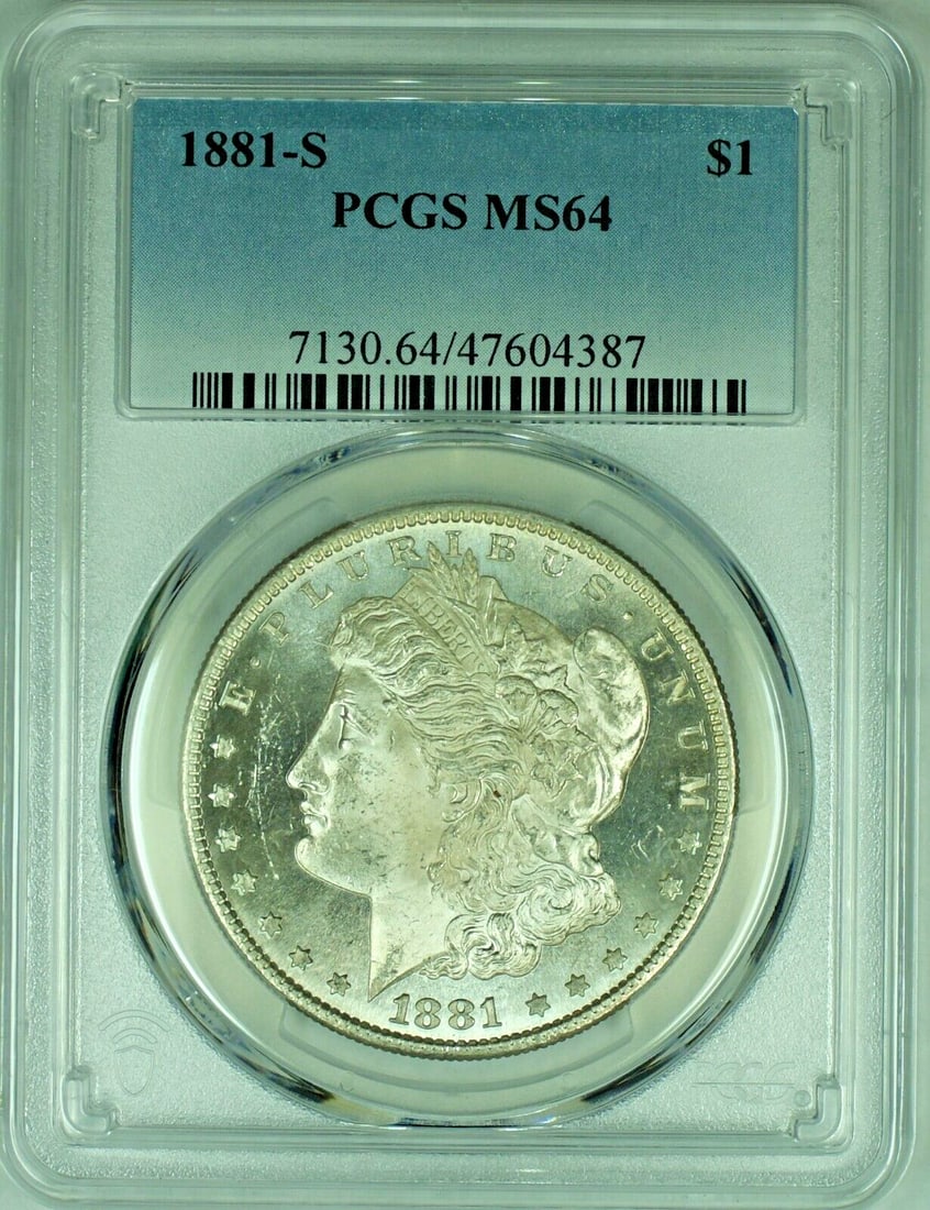 PCGS MS 64 1881-S Morgan Dollar Semi-Proof Like Silver Coin: PCGS MS 64 1881-S Morgan Dollar Semi-Proof Like Silver Coin This is an 1881-S Morgan Silver Dollar featuring a semi-proof like strike and graded MS 64 by PCGS. The coin is uncirculated and composed of