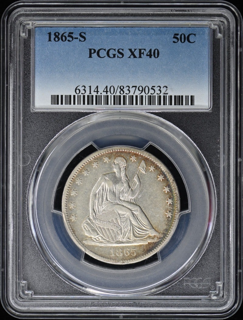 1865-S Liberty Seated Half Dollar PCGS XF40 Certified Coin: 1865-S Liberty Seated Half Dollar PCGS XF40 Certified Coin This 1865-S Liberty Seated Half Dollar, graded XF40 by PCGS, is a noteworthy piece for collectors. With a mint location in San Francisco, thi