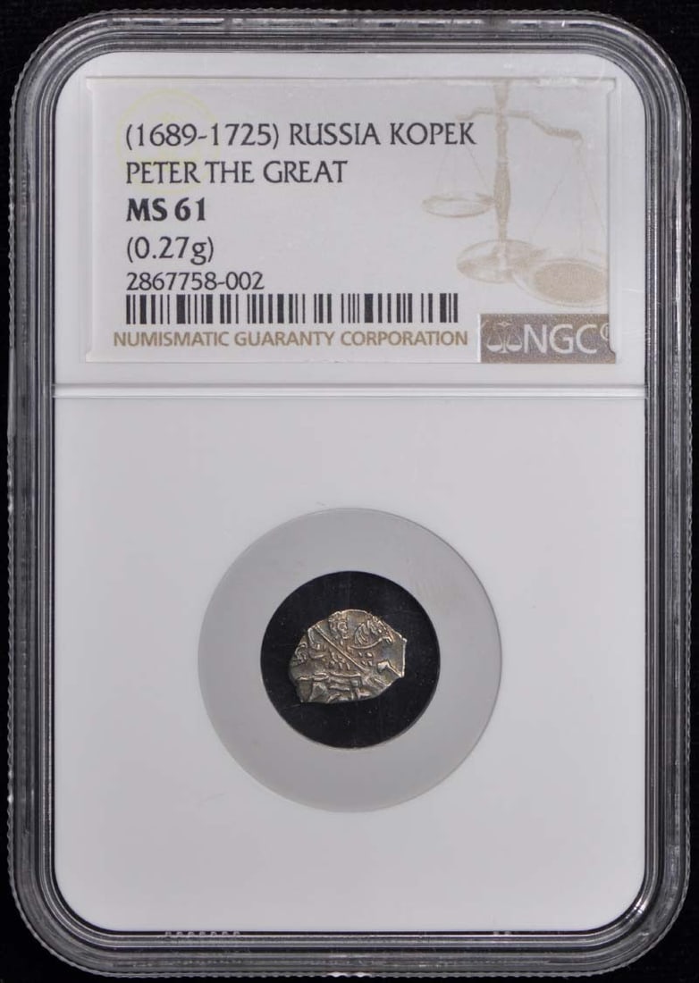 1689-1725 AD Russia Kopek Silver Coin Peter The Great NGC MS61: 1689-1725 AD Russia Kopek Silver Coin Peter The Great NGC MS61 This is a historical Russian Kopek coin from the era of Peter the Great, dated between 1689 and 1725 AD. It has been certified by NGC wit