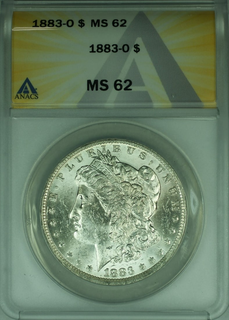 ANACS MS-62 1883-O Morgan Dollar Silver Coin from New Orleans Mint: ANACS MS-62 1883-O Morgan Dollar Silver Coin from New Orleans Mint This is an 1883-O Morgan Silver Dollar graded MS-62 by ANACS. Minted in New Orleans, this uncirculated coin is composed of silver and