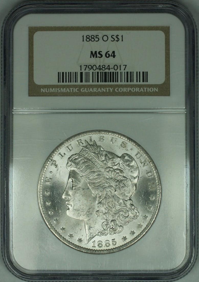 NGC MS64 1885-O Morgan Dollar Silver Coin from New Orleans Mint: NGC MS64 1885-O Morgan Dollar Silver Coin from New Orleans Mint This 1885-O Morgan Silver Dollar is certified by NGC with a grade of MS-64. Struck in New Orleans, this uncirculated coin is composed of