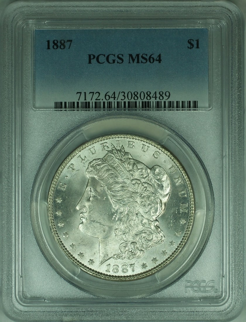 1887 Philadelphia Morgan Dollar Silver PCGS MS-64 Certified Coin: 1887 Philadelphia Morgan Dollar Silver PCGS MS-64 Certified Coin This 1887 Morgan Silver Dollar is certified by PCGS with a grade of MS-64. Minted in Philadelphia, it is composed of silver and remains
