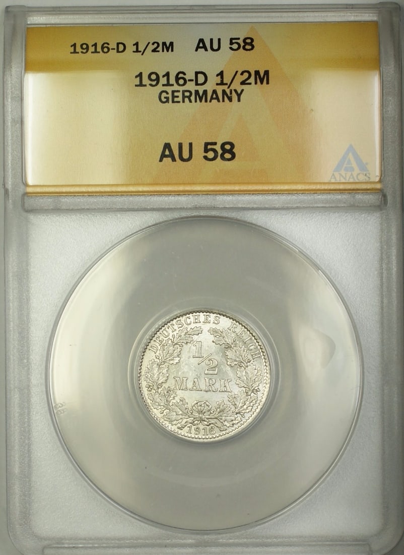 Germany 1916-D Half Mark Silver Coin ANACS Graded AU 58: Germany 1916-D Half Mark Silver Coin ANACS Graded AU 58 This 1916-D Germany 1/2 Mark silver coin has been graded AU-58 by ANACS. It is a circulated coin from Germany, dated 1916, and is composed of si
