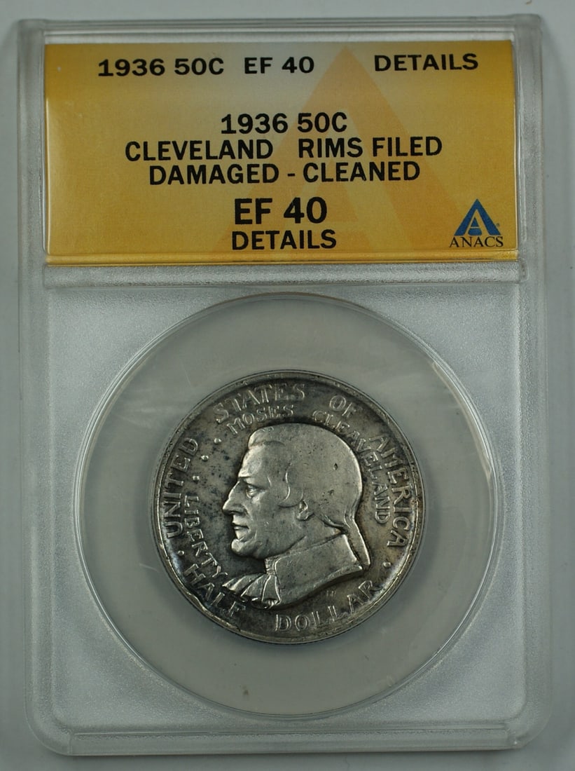 1936 Cleveland Silver Half Dollar ANACS EF 40 Commemorative 50C Rims Filed: 1936 Cleveland Silver Half Dollar ANACS EF 40 Commemorative 50C Rims Filed This 1936 Cleveland Centennial Great Lakes Exposition commemorative half dollar is composed of silver and was minted in Phila