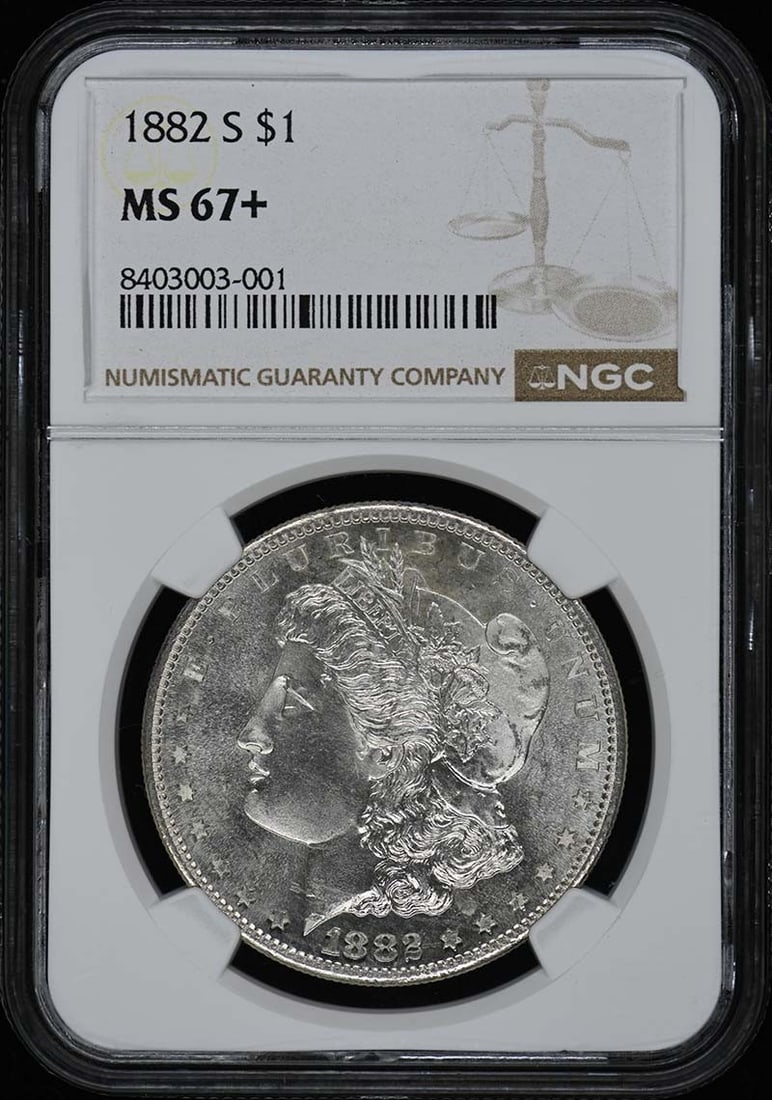 1882-S Morgan Dollar Uncirculated NGC MS67+ San Francisco: 1882-S Morgan Dollar Uncirculated NGC MS67+ San Francisco This 1882-S Morgan Dollar, graded MS67+ by NGC, exemplifies exceptional quality and is classified as Uncirculated. Minted in San Francisco, th