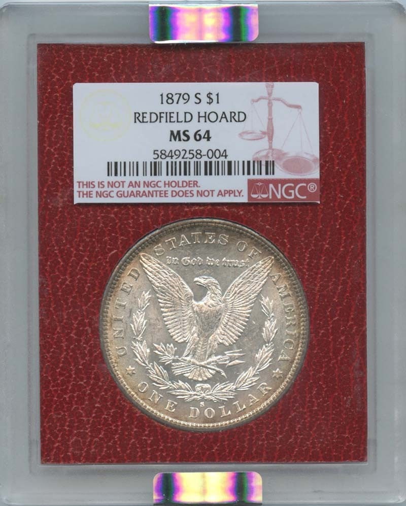 NGC MS64 1879-S Morgan Silver Dollar from Redfield Hoard: NGC MS64 1879-S Morgan Silver Dollar from Redfield Hoard This 1879-S Morgan Dollar is part of the Redfield Hoard and has been certified by NGC with a grade of MS64. Minted in San Francisco, this uncir