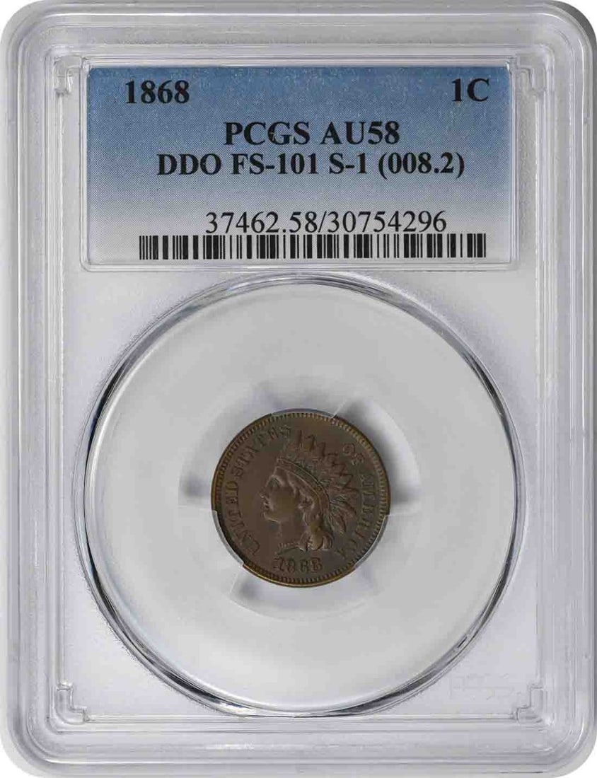 1868 Indian Head Cent DDO FS-101 AU58 Certified PCGS: 1868 Indian Head Cent DDO FS-101 AU58 Certified PCGS This 1868 Indian Cent features the distinctive Indian Head design and is graded AU58 by PCGS, indicating it is in nearly uncirculated condition. Th