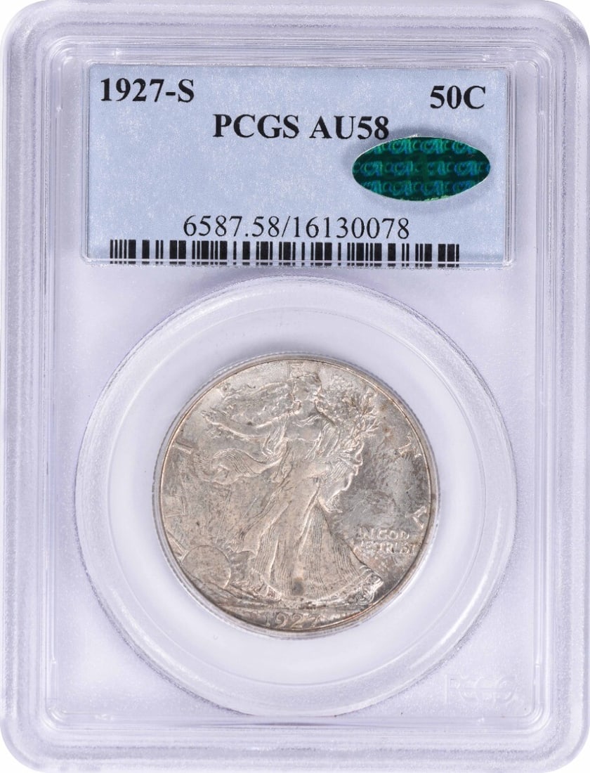 1927-S Walking Liberty Silver Half Dollar AU58 PCGS: 1927-S Walking Liberty Silver Half Dollar AU58 PCGS This 1927-S Walking Liberty Silver Half Dollar is certified by PCGS and graded AU58 (Almost Uncirculated). Minted in San Francisco, this coin featur