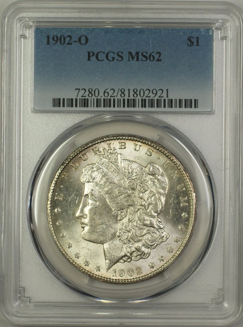 PCGS MS62 1902-O New Orleans Morgan Silver Dollar Light Toning: PCGS MS62 1902-O New Orleans Morgan Silver Dollar Light Toning This 1902-O Morgan Silver Dollar is certified by PCGS with a grade of MS-62. The coin is lightly toned and uncirculated, minted in New Or