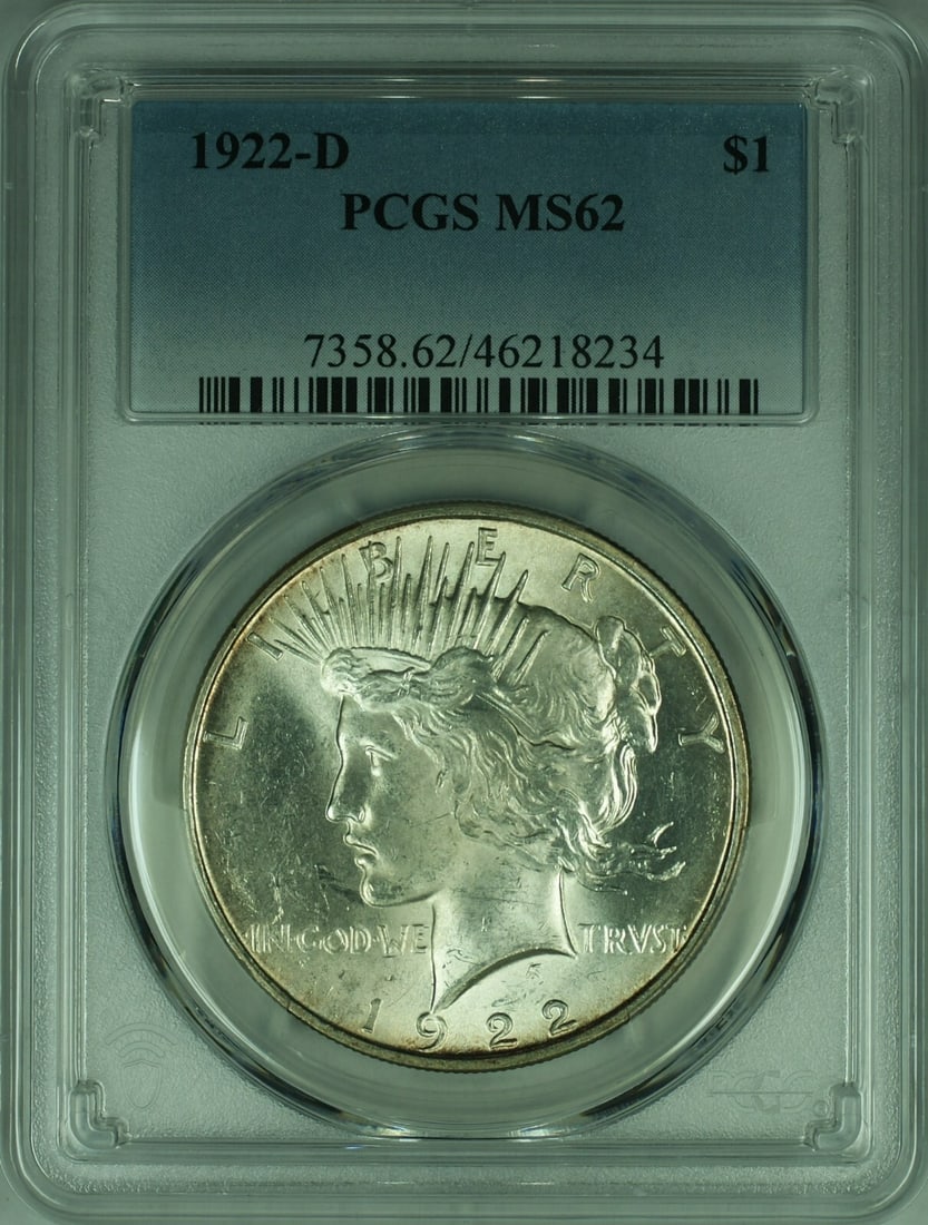 1922-D Denver Mint Peace Dollar PCGS MS62 Certified Uncirculated Silver Coin: 1922-D Denver Mint Peace Dollar PCGS MS62 Certified Uncirculated Silver Coin This 1922-D Peace Silver Dollar is an uncirculated coin graded MS-62 by PCGS. Minted in Denver, it features a 0.9 fineness