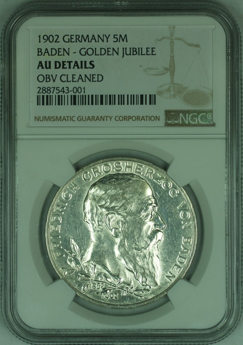 1902 Baden 5 Mark Silver Coin Golden Jubilee NGC AU Details Cleaned: 1902 Baden 5 Mark Silver Coin Golden Jubilee NGC AU Details Cleaned This 1902 Germany-Baden 5 Mark silver coin commemorates the Golden Jubilee of Duke Friedrich I. Certified by NGC with AU Details and