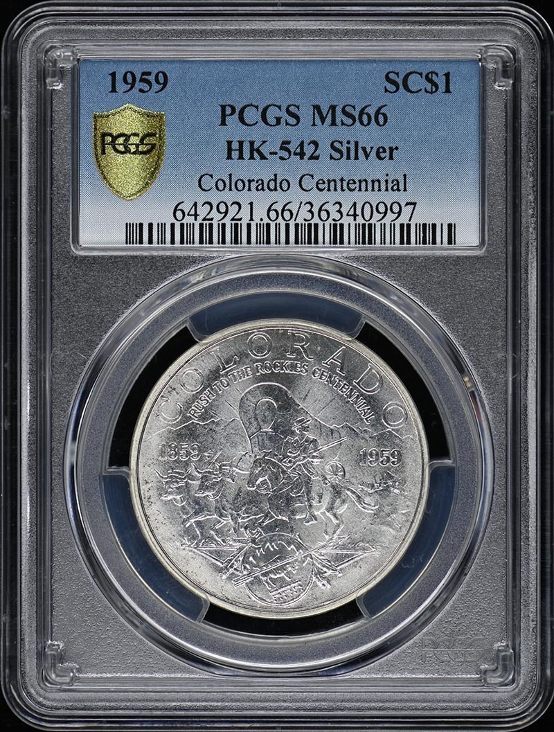 1959 Colorado Rush Rockies Centennial Medal HK-542 PCGS MS66: 1959 Colorado Rush Rockies Centennial Medal HK-542 PCGS MS66 This stunning 1959 Medal HK-542 commemorates the Colorado Rush Rockies Centennial. Graded by PCGS as MS66, it boasts an uncirculated condit