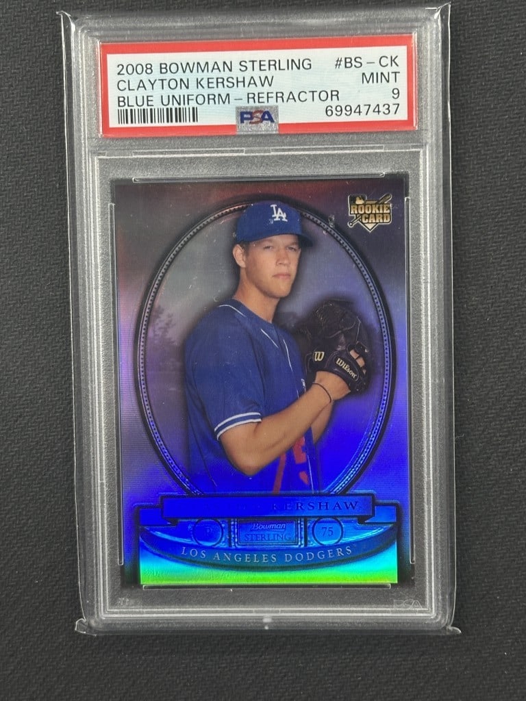 Clayton Kershaw 2008 Bowman Sterling Blue Refractor PSA 9 RC #BSCK: Clayton Kershaw 2008 Bowman Sterling Blue Refractor PSA 9 RC #BSCK This is a 2008 Bowman Sterling Blue Uniform Refractor baseball card featuring Clayton Kershaw, one of the standout pitchers in MLB hi