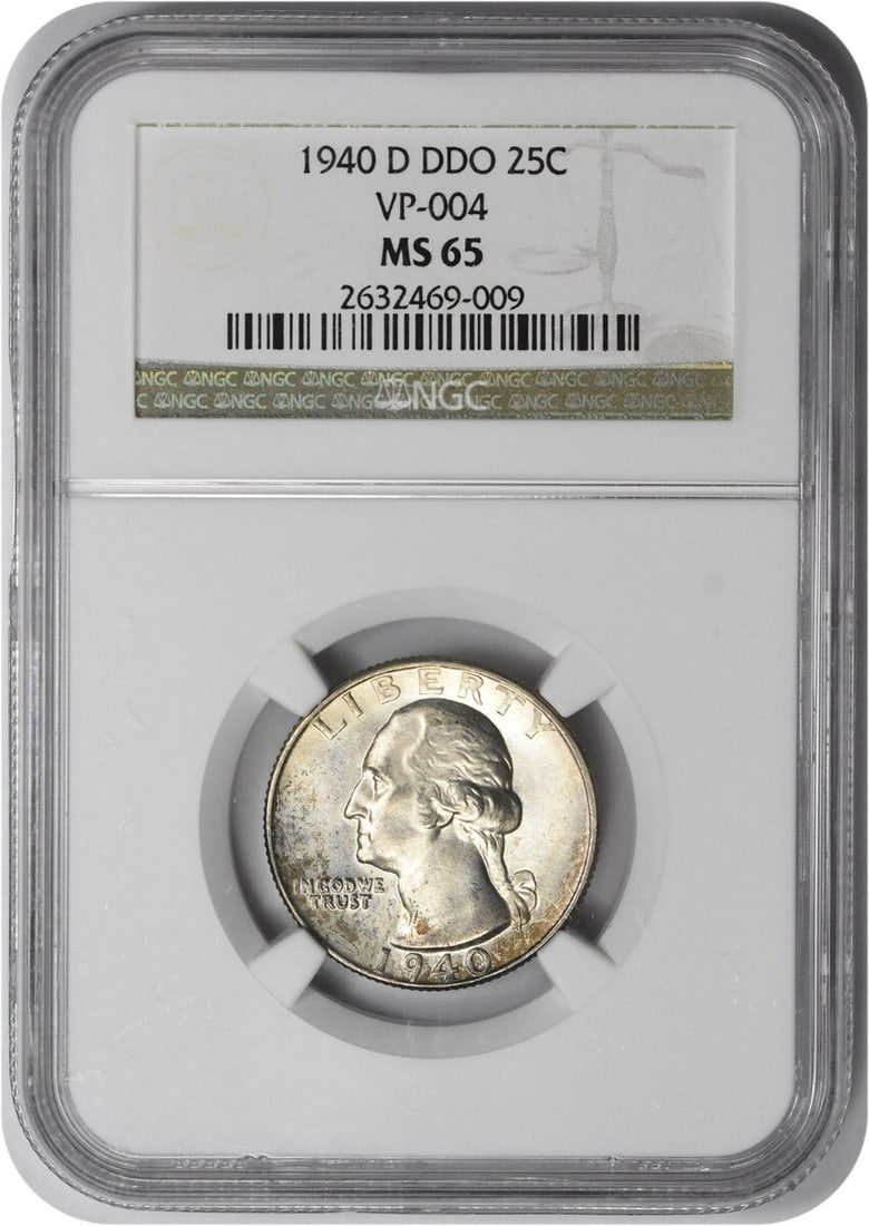 MS65 NGC Certified 1940-D Double Die Obverse Washington Quarter: MS65 NGC Certified 1940-D Double Die Obverse Washington Quarter This 1940-D Washington Quarter is a Doubled Die Obverse (3-O-V) variety, graded MS65 by NGC. Struck at the Denver Mint, this uncirculate