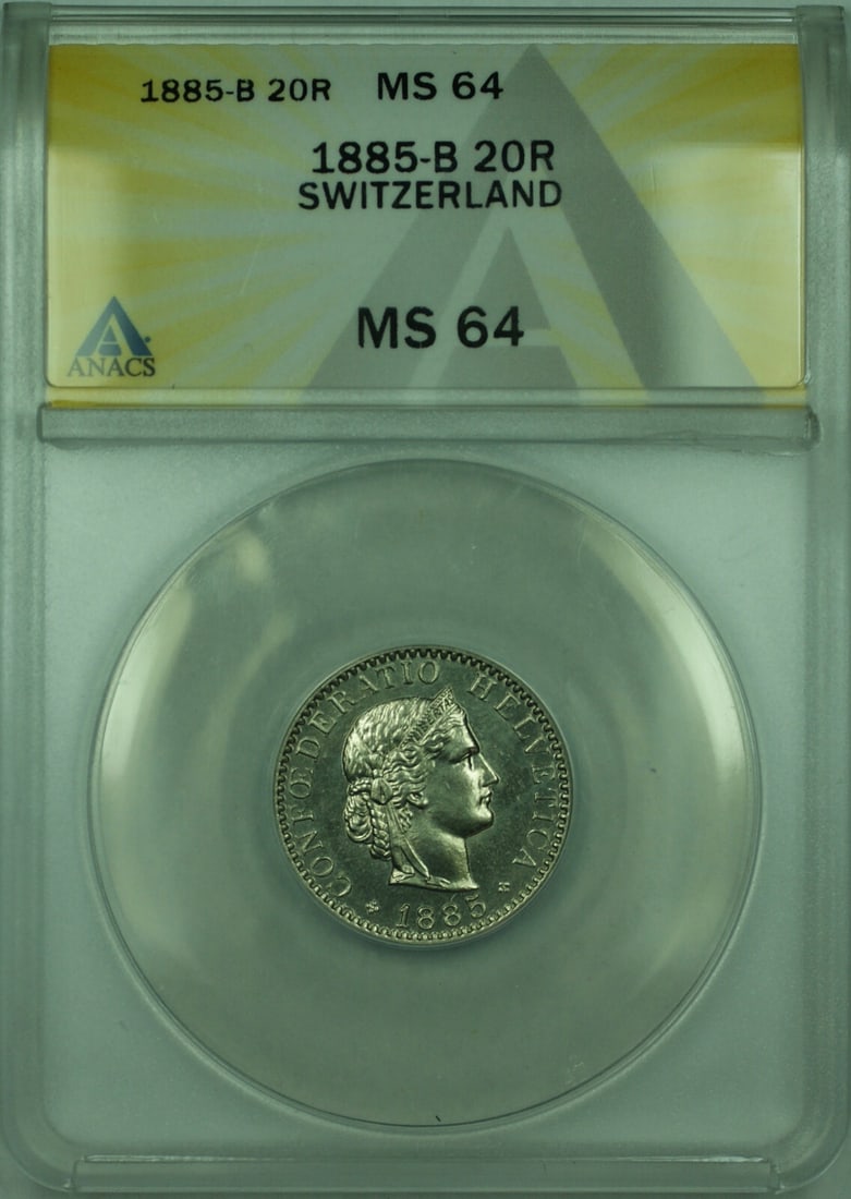 Swiss 1885 20 Rappen Silver Coin ANACS MS 64 KM 29: Swiss 1885 20 Rappen Silver Coin ANACS MS 64 KM 29 This 1885-B 20 Rappen coin from Switzerland is certified by ANACS with a grade of MS 64, indicating uncirculated condition. Composed of silver, this