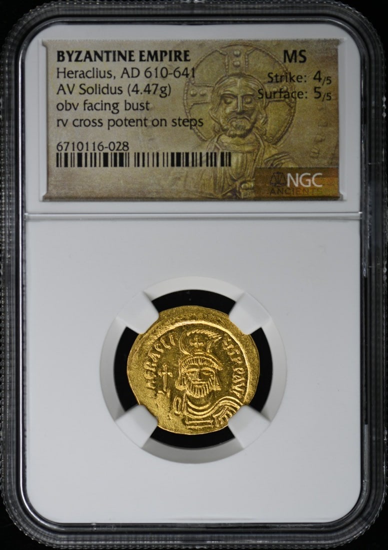 Heraclius AV Solidus NGC MS60 Byzantine Empire Coin: Heraclius AV Solidus NGC MS60 Byzantine Empire Coin This gold solidus from the Byzantine Empire features the reign of Heraclius, who ruled from AD 610 to 641. It is certified by NGC with a grade of MS