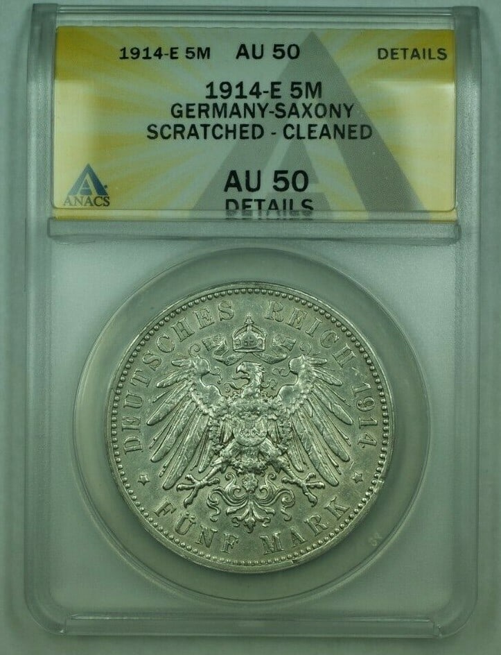 1914-E Saxony 5 Marks Silver Coin ANACS AU 50 Certified Germany: 1914-E Saxony 5 Marks Silver Coin ANACS AU 50 Certified Germany This is a 1914-E Germany-Saxony 5 Marks silver coin, certified by ANACS with a grade of AU-50 Details. The coin is circulated and has be