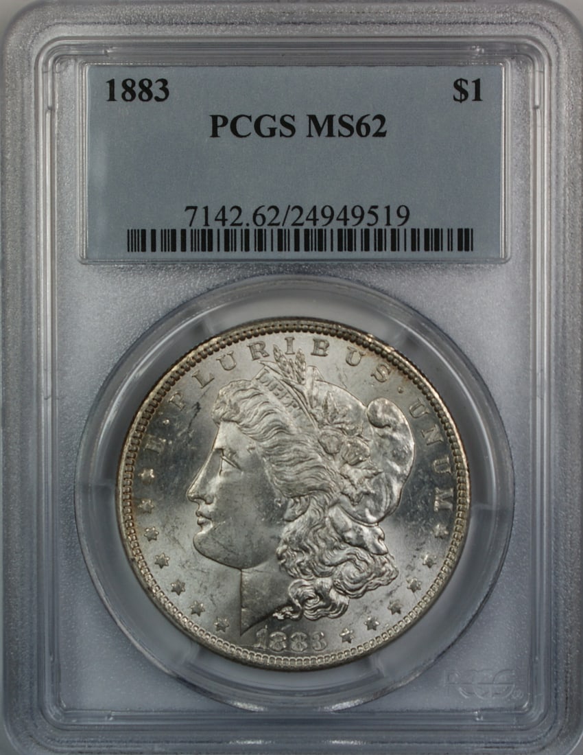 PCGS MS-62 1883 Morgan Dollar Philadelphia Silver Die Crack Variety: PCGS MS-62 1883 Morgan Dollar Philadelphia Silver Die Crack Variety This is an 1883 Morgan Silver Dollar graded MS-62 by PCGS. The coin was minted in Philadelphia and features a notable die crack unde