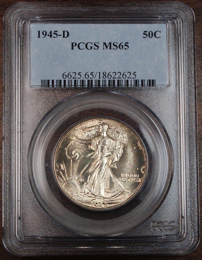 PCGS MS-65 Silver 1945-D Liberty Walking Half Dollar Coin: PCGS MS-65 Silver 1945-D Liberty Walking Half Dollar Coin This 1945-D Walking Liberty Half Dollar is a United States coin minted in Denver. Certified by PCGS with a grade of MS-65, it is an uncirculat