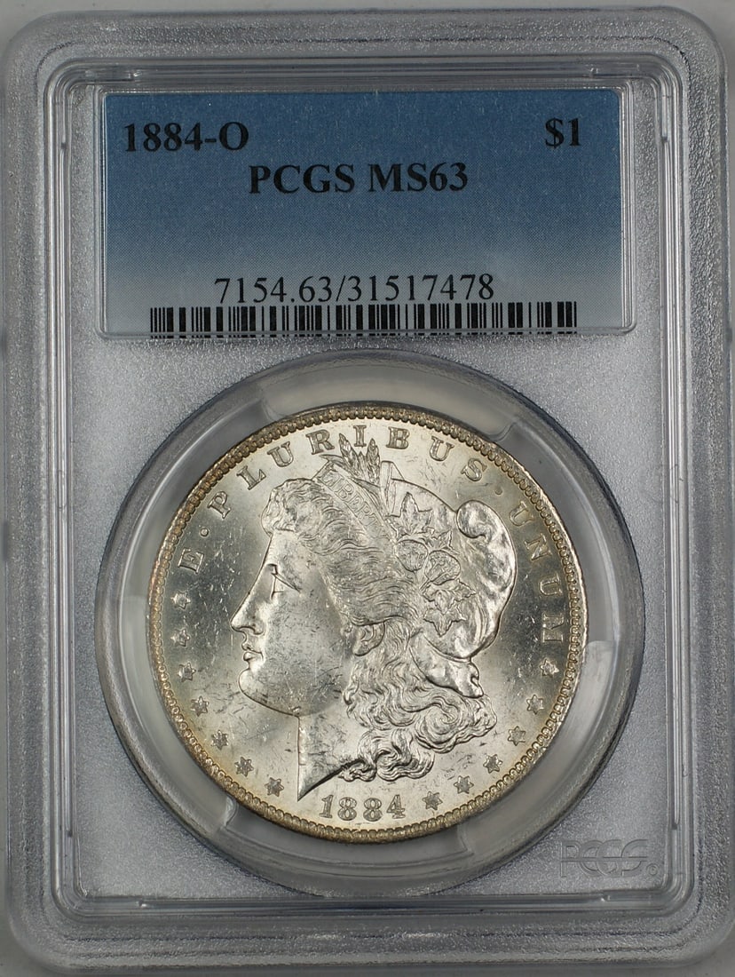 PCGS MS63 1884-O Silver Morgan Dollar Uncirculated Coin: PCGS MS63 1884-O Silver Morgan Dollar Uncirculated Coin This 1884-O Morgan Silver Dollar features a composition of silver and was minted in New Orleans. Graded MS-63 by PCGS, this uncirculated coin re