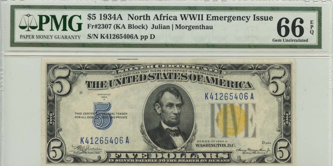 1934A $5 North Africa WWII Emergency Note PMG 66 EPQ: 1934A $5 North Africa WWII Emergency Note PMG 66 EPQ This uncirculated $5 note from 1934, known as the North Africa WWII Emergency Issue (Fr# 2307), has been graded MS66 by PMG with the designation EP