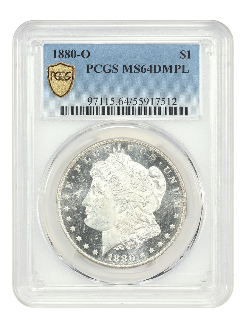 PCGS MS64DMPL 1880-O Morgan Silver Dollar $1 Coin: PCGS MS64DMPL 1880-O Morgan Silver Dollar $1 Coin This 1880-O Morgan Dollar is certified by PCGS with a grade of MS64DMPL, indicating a deep mirror proof-like strike. Minted in New Orleans, this uncir