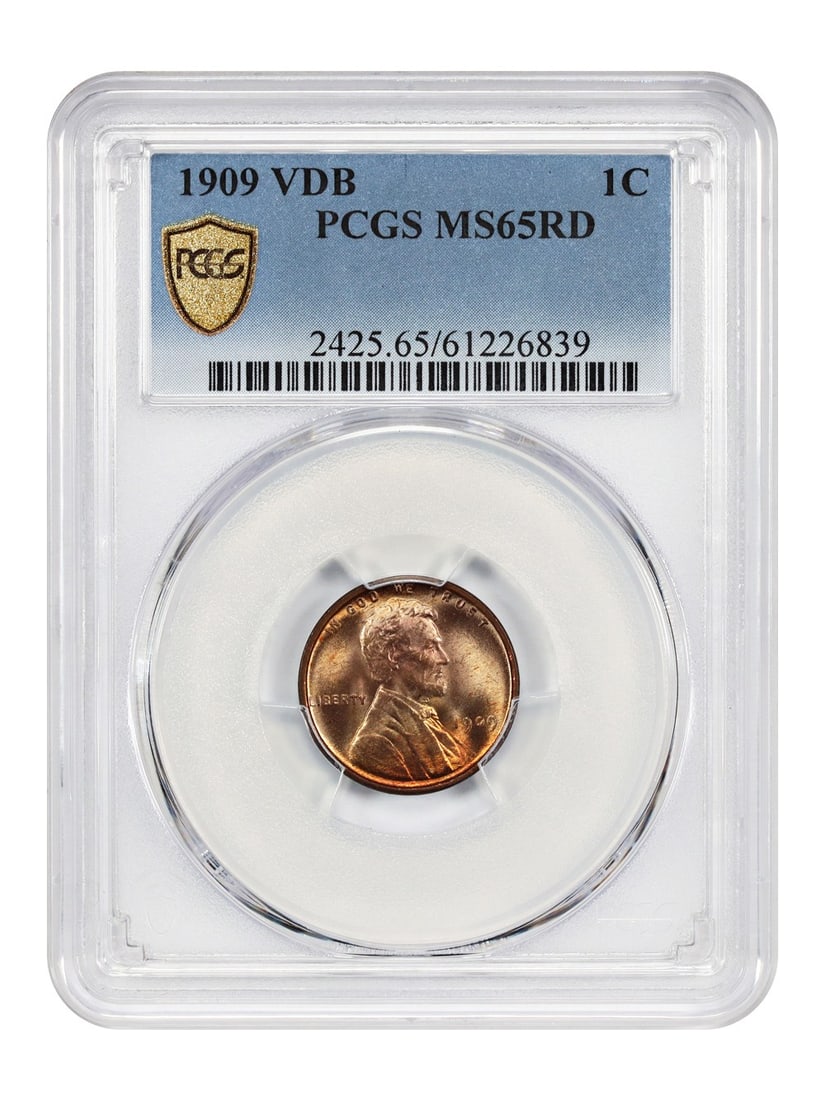 PCGS MS65RD 1909 VDB Lincoln Wheat Cent Red Uncirculated: PCGS MS65RD 1909 VDB Lincoln Wheat Cent Red Uncirculated This 1909 VDB Lincoln Cent features the iconic Wheat Reverse and is a popular first-year issue with the designer's initials (VDB) on the revers