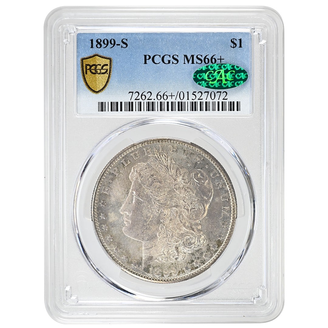 PCGS CAC MS66 Plus 1899 San Francisco Morgan Silver Dollar: PCGS CAC MS66 Plus 1899 San Francisco Morgan Silver Dollar This 1899-S Morgan Dollar is an un-used silver coin graded MS66+ by PCGS and certified by CAC. Minted in San Francisco in 1899, this collecti