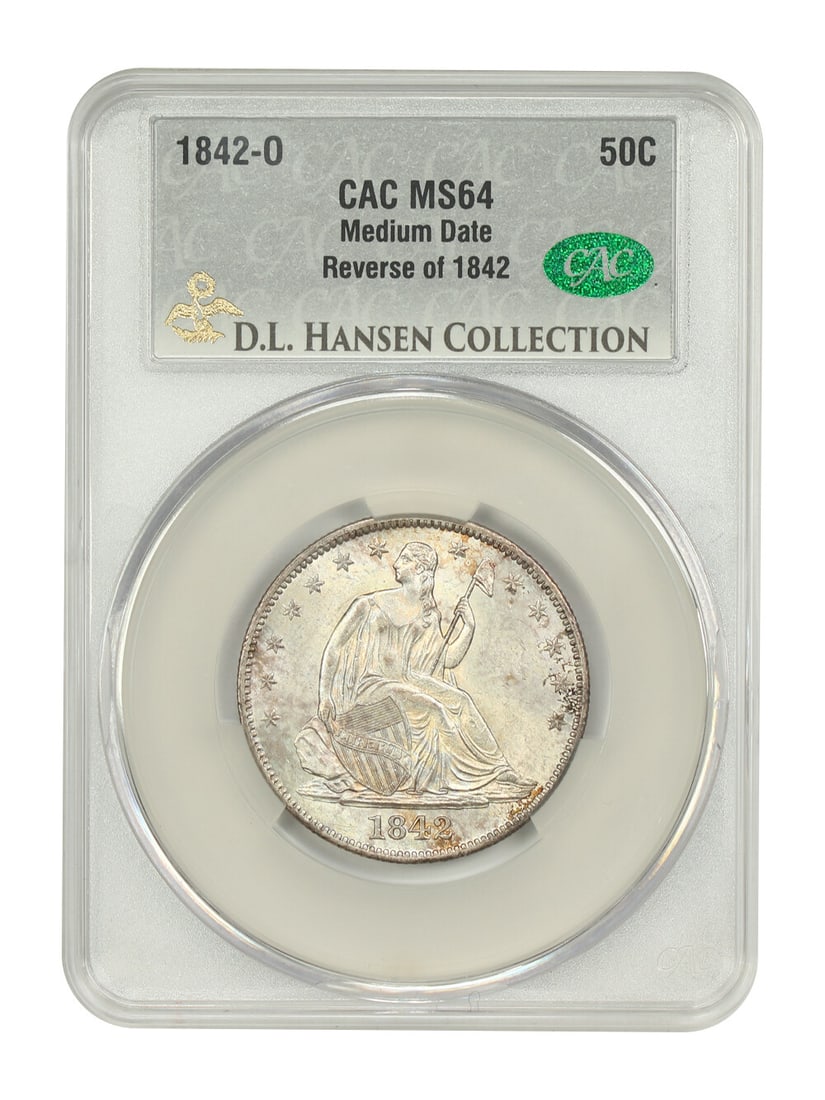 1842-O 50C Liberty Seated Half Dollar CACG MS64 Uncirculated: 1842-O 50C Liberty Seated Half Dollar CACG MS64 Uncirculated This 1842-O 50C Liberty Seated Half Dollar is an exquisite example, certified by CACG with a grade of MS64. Minted in New Orleans, this coi