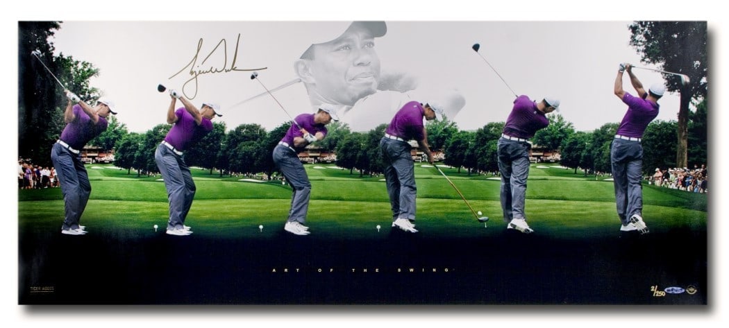 Tiger Woods Autographed 36x15 Photo Art of the Swing Limited Edition #/250 Upper Deck: Tiger Woods Autographed 36x15 Photo Art of the Swing Limited Edition #/250 Upper Deck This limited edition 36X15 photo collage titled "Art of the Swing" features the iconic Tiger Woods in action. It i