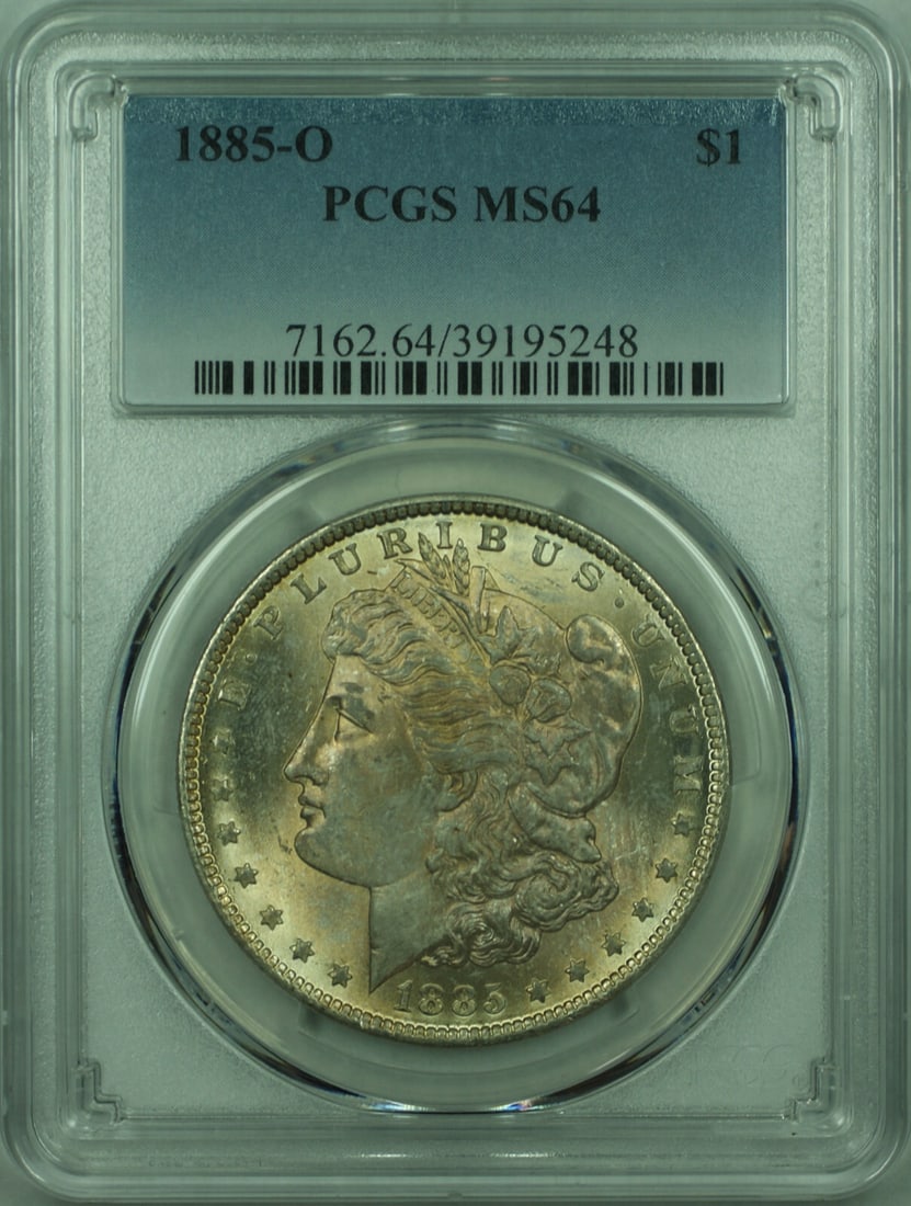 PCGS MS64 1885-O Morgan Dollar Silver Coin with Obverse Toning: PCGS MS64 1885-O Morgan Dollar Silver Coin with Obverse Toning This is an 1885-O Morgan Silver Dollar $1 coin, certified by PCGS with a grade of MS-64. The coin features a toned obverse and is compose