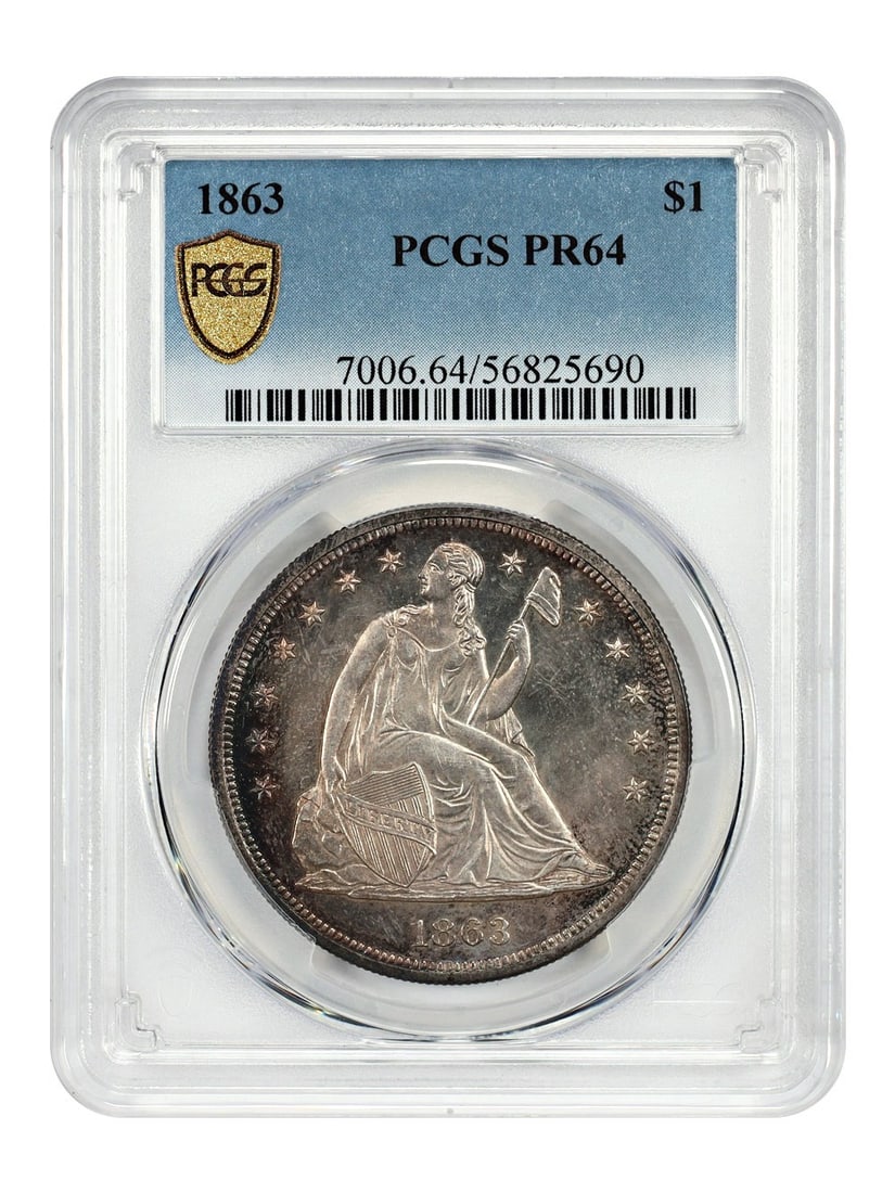 Proof 1863 Liberty Seated Dollar PCGS PR64 Civil War Era $1 Coin: Proof 1863 Liberty Seated Dollar PCGS PR64 Civil War Era $1 Coin This 1863 Liberty Seated Dollar is a Civil War era proof coin, certified by PCGS with a grade of PR64. Struck at the Philadelphia Mint,