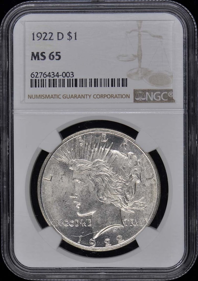 1922-D NGC MS65 Peace Dollar Silver Coin Uncirculated: 1922-D NGC MS65 Peace Dollar Silver Coin Uncirculated This 1922-D Peace Dollar showcases a stunning uncirculated condition, graded MS65 by NGC. Minted in Denver, this coin is a remarkable example of A
