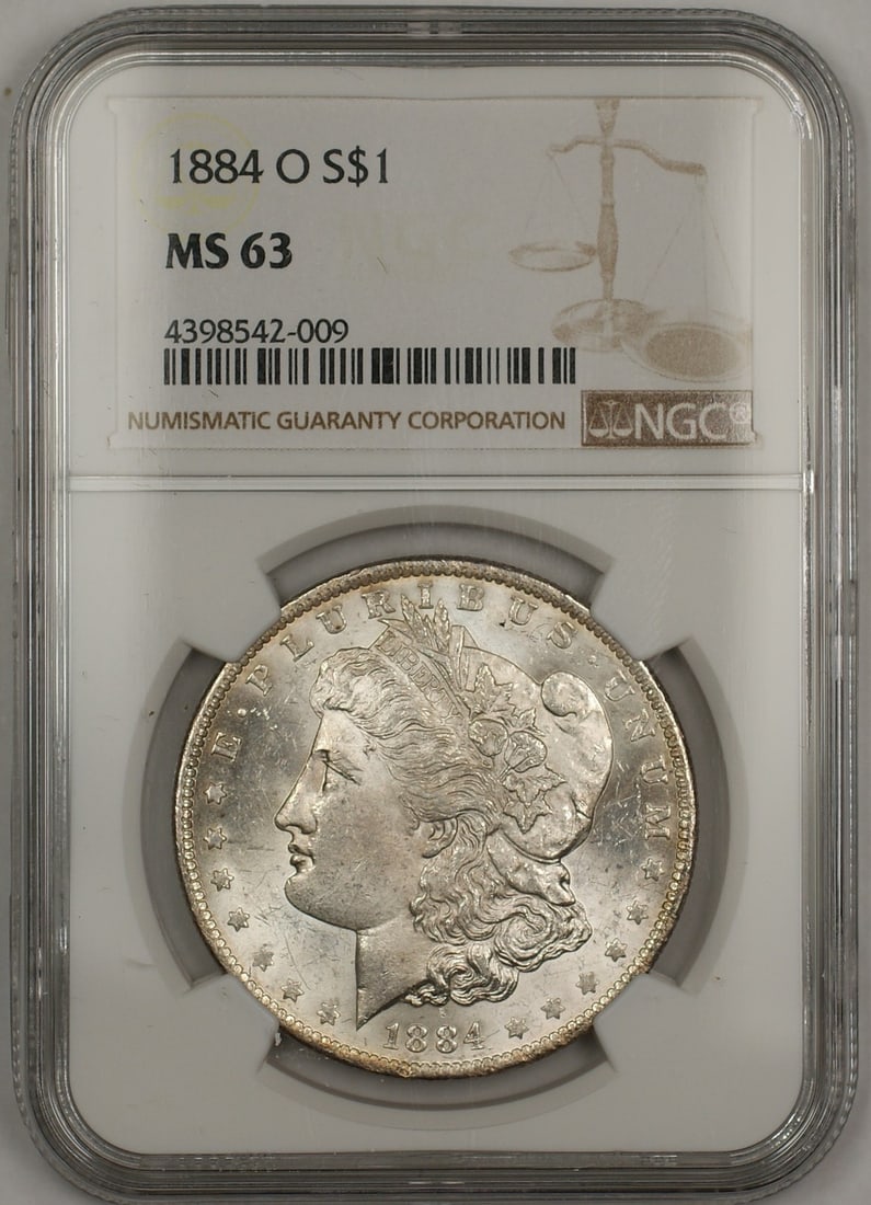NGC MS-63 1884-O Silver Dollar from New Orleans Mint: NGC MS-63 1884-O Silver Dollar from New Orleans Mint This 1884-O Morgan Silver Dollar is an uncirculated $1 coin certified by NGC with a grade of MS-63. Minted in New Orleans, it features a silver com