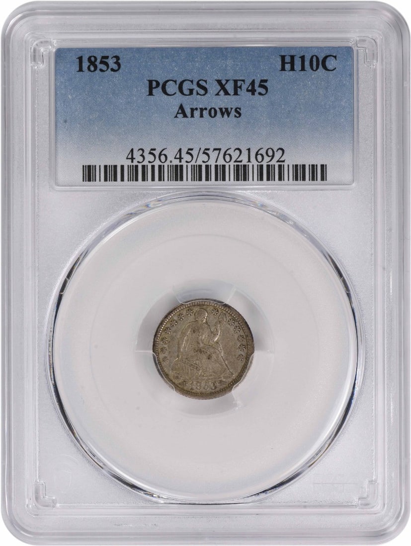 1853 Liberty Seated Half Dime EF45 PCGS 90% Silver Philadelphia Mint: 1853 Liberty Seated Half Dime EF45 PCGS 90% Silver Philadelphia Mint This 1853 Liberty Seated Silver Half Dime, certified by PCGS with an EF45 grade, is a remarkable piece of numismatic history. Struc
