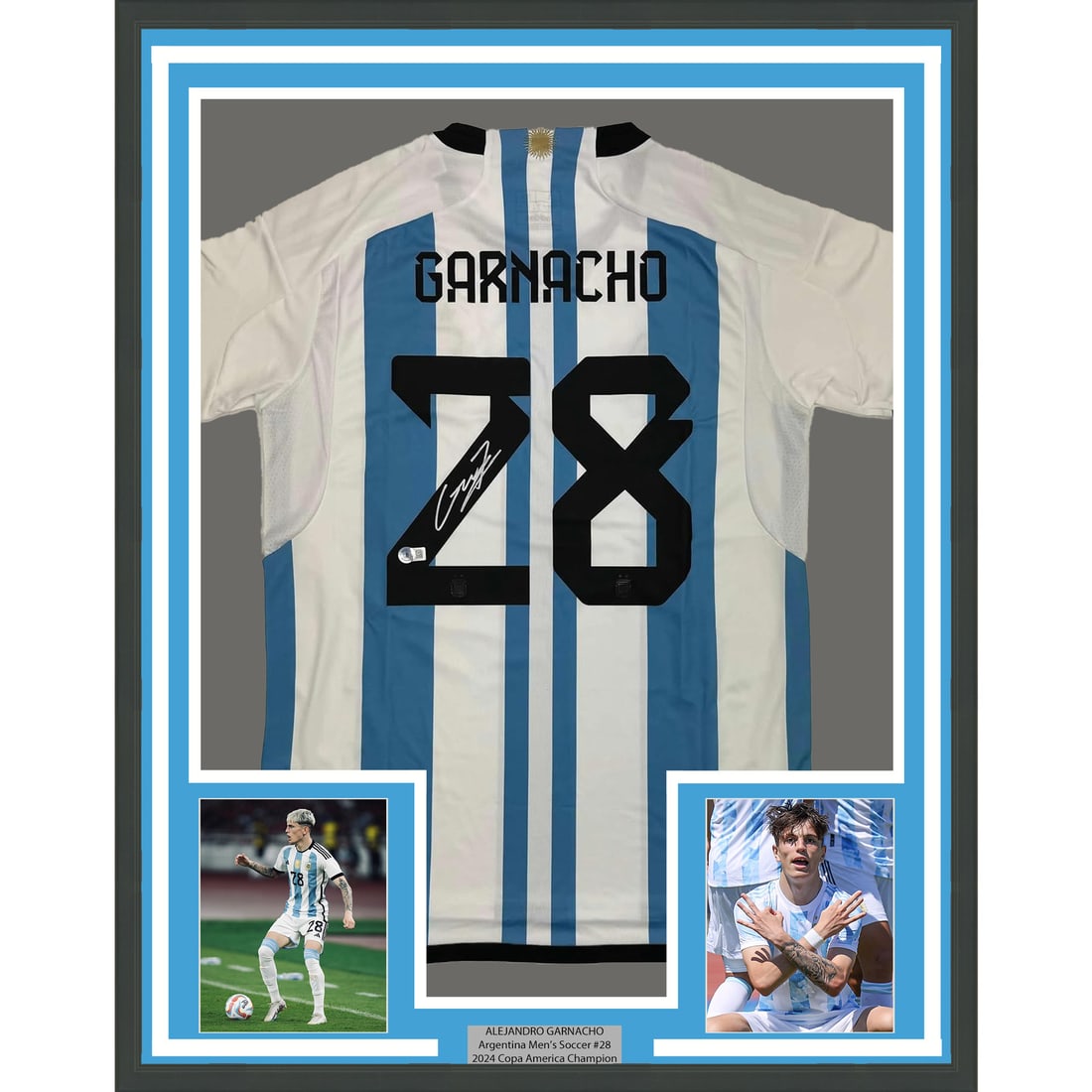 Framed Signed Alejandro Garnacho Argentina Jersey 35x39 BAS COA: Framed Signed Alejandro Garnacho Argentina Jersey 35x39 BAS COA Celebrate your admiration for Alejandro Garnacho with this professionally framed and autographed 35x39 inch Argentina blue jersey. This
