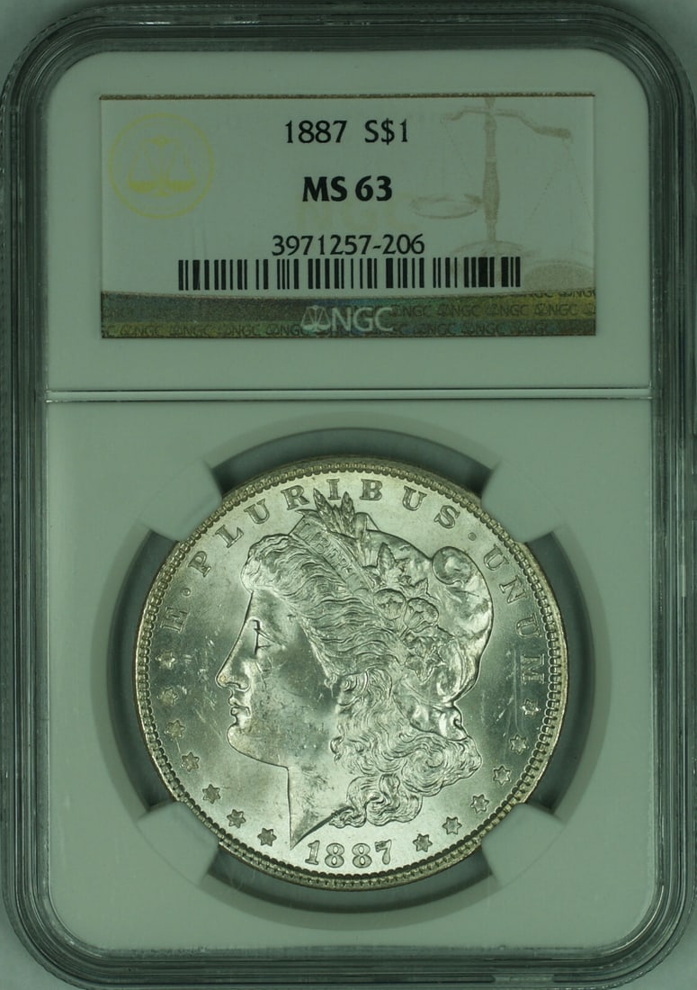 NGC MS-63 1887 Silver Morgan Dollar Philadelphia Mint Certified: NGC MS-63 1887 Silver Morgan Dollar Philadelphia Mint Certified This is an un-used 1887 Morgan Silver Dollar $1 coin, certified by NGC with a grade of MS-63. Minted in Philadelphia, the coin is compos