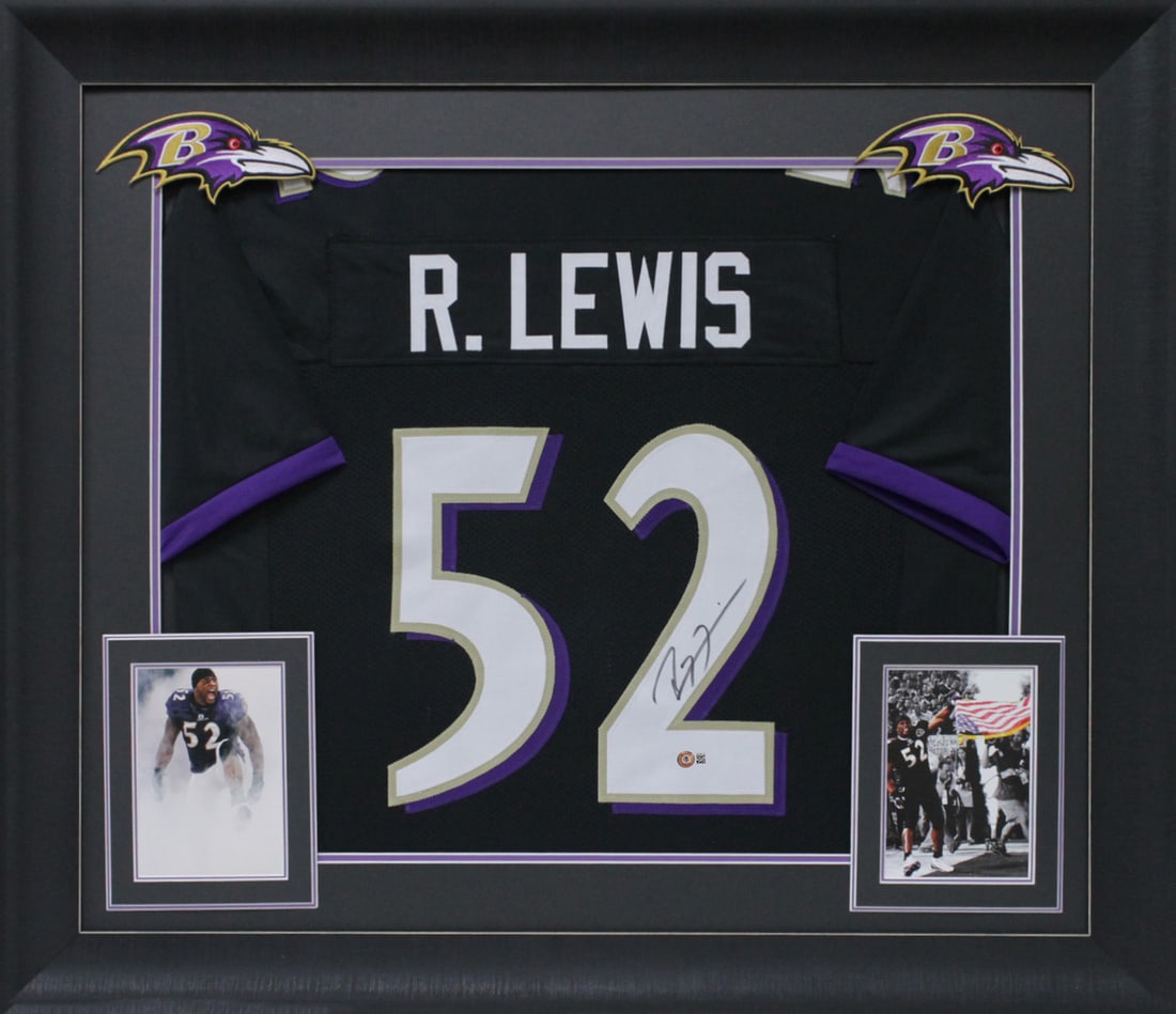 Ray Lewis Signed Framed Jersey Baltimore Ravens BAS Authenticated 32 x 37: Ray Lewis Signed Framed Jersey Baltimore Ravens BAS Authenticated 32 x 37 Celebrate the legacy of Ray Lewis with this authentic signed black pro style framed jersey. Personally autographed by the Balt