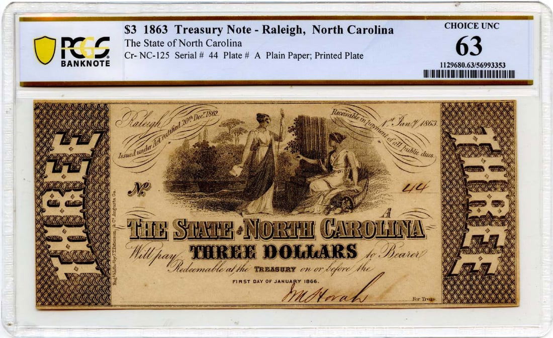 1863 $3 Raleigh NC Obsolete Note PCGS MS63 Certified (1 of 2)