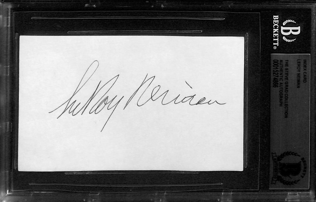 LeRoy Neiman Signed 3x5 Index Card Beckett Authenticated: LeRoy Neiman Signed 3x5 Index Card Beckett Authenticated This is an autographed 3x5 index card signed by the renowned sports artist LeRoy Neiman (died 2012). The signature is rendered in black ballpoi