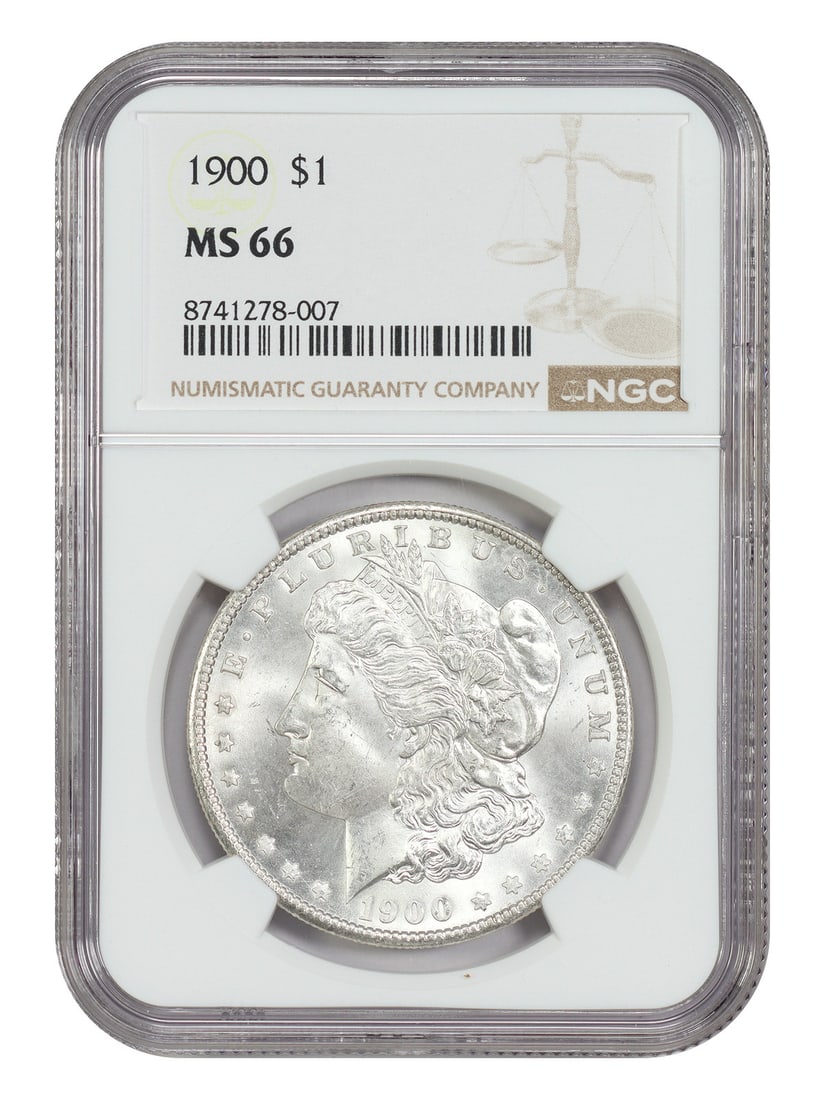 NGC MS66 1900 Morgan Silver Dollar Philadelphia Mint: NGC MS66 1900 Morgan Silver Dollar Philadelphia Mint This 1900 Morgan Dollar is a $1 coin certified by NGC with a grade of MS66. It is uncirculated and was struck at the Philadelphia Mint. The coin be