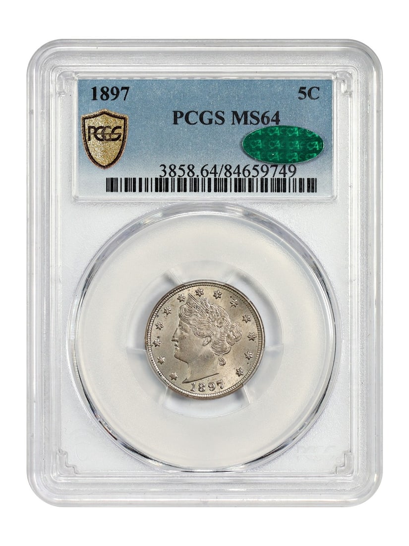 1897 Liberty Nickel 5C MS64 Graded by PCGS with CAC Approval: 1897 Liberty Nickel 5C MS64 Graded by PCGS with CAC Approval This 1897 Liberty Nickel has been certified uncirculated by PCGS with a grade of MS64 and features CAC approval. Struck in Philadelphia, it