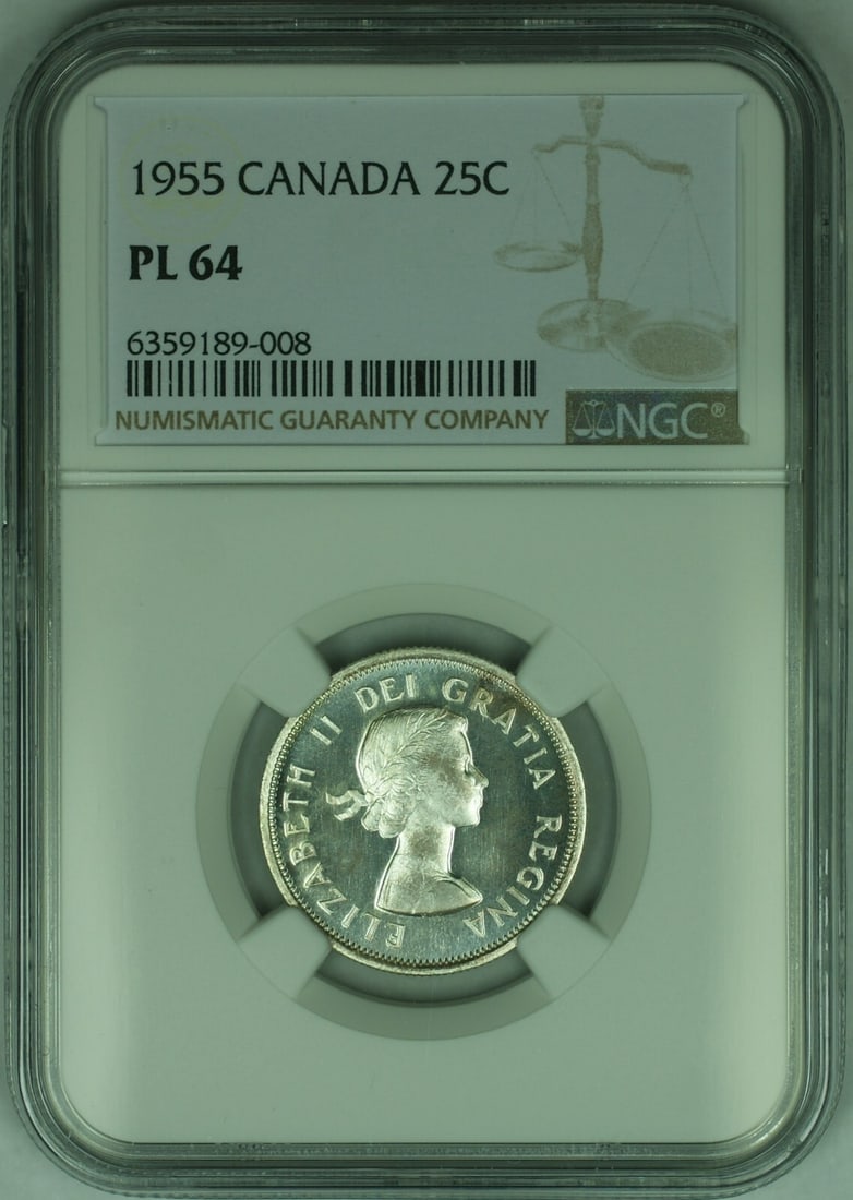 Canada 1955 25 Cent NGC Certified PL-64 Proof Like Coin: Canada 1955 25 Cent NGC Certified PL-64 Proof Like Coin This is a 1955 Canadian 25 cent coin graded as Proof Like-64 (PL-64) by NGC. The coin is uncirculated and features a fineness of 0.8. It is a ce