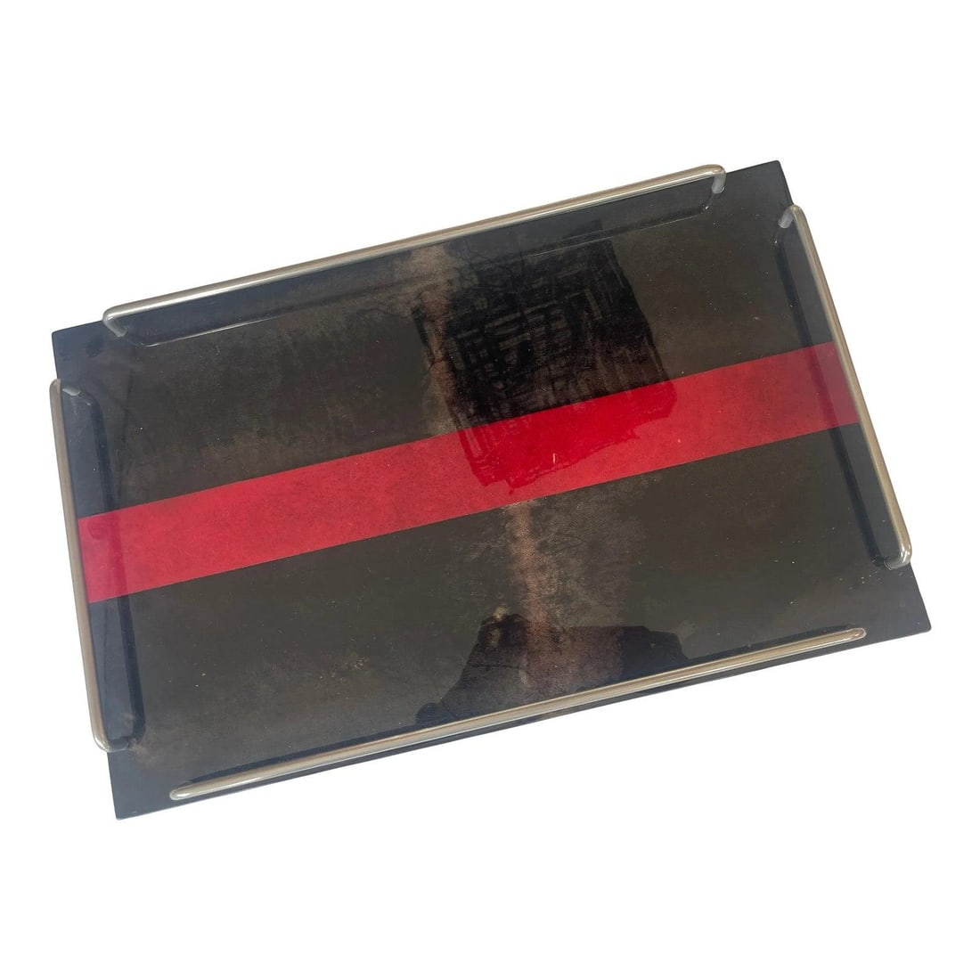 Large 1960s Brown Red Lacquered Goatskin Tray With Silver Gallery Aldo Tura Design: Large 1960s Brown Red Lacquered Goatskin Tray With Silver Gallery Aldo Tura Design This exquisite Italian serving tray, designed by Aldo Tura in the 1960s, showcases a stunning lacquered goatskin fini