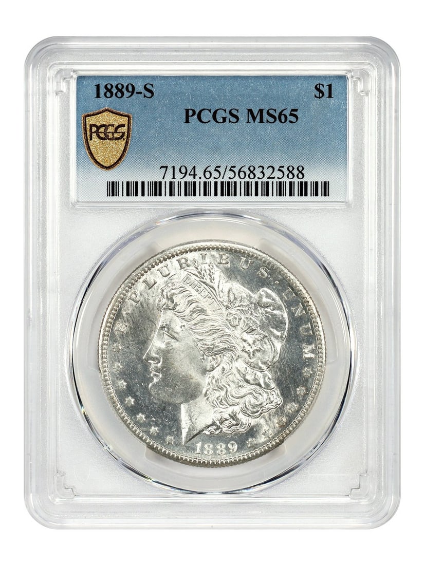 PCGS MS65 1889 San Francisco Morgan Silver Dollar $1 Coin: PCGS MS65 1889 San Francisco Morgan Silver Dollar $1 Coin This is an 1889-S Morgan Dollar graded MS65 by PCGS. The coin features bold luster throughout with a partially prooflike appearance on the obv