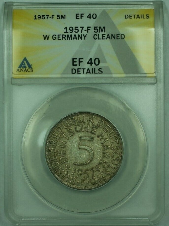 West Germany 1957-F Silver 5 Mark Coin ANACS XF 40 Cleaned: West Germany 1957-F Silver 5 Mark Coin ANACS XF 40 Cleaned This 1957-F West Germany 5 Mark coin is composed of silver and certified by ANACS with a grade of EF-40 (XF). The coin has been cleaned and i