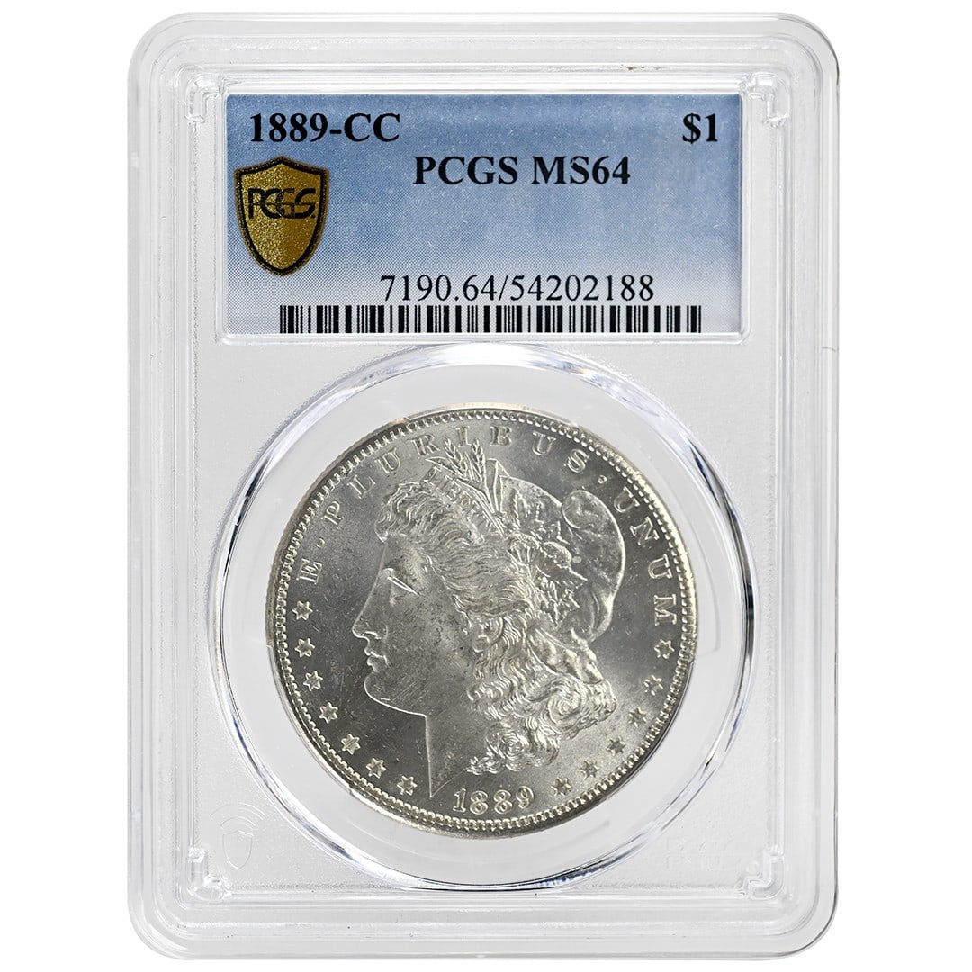 PCGS MS64 1889 Carson City Morgan Silver Dollar Rare Certified: PCGS MS64 1889 Carson City Morgan Silver Dollar Rare Certified This 1889-CC Morgan Dollar is a rare silver coin graded MS64 by PCGS. Minted in Carson City, it is an un-used specimen with a denominatio