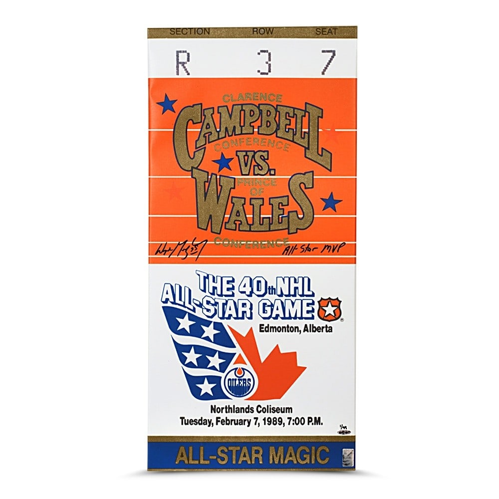 Wayne Gretzky Autographed Photo Mega Ticket 1989 All-Star MVP #/99: Wayne Gretzky Autographed Photo Mega Ticket 1989 All-Star MVP #/99 Celebrate the legacy of Wayne Gretzky with this autographed 13" x 32" photo mega ticket, commemorating his 1989 All-Star MVP achievem
