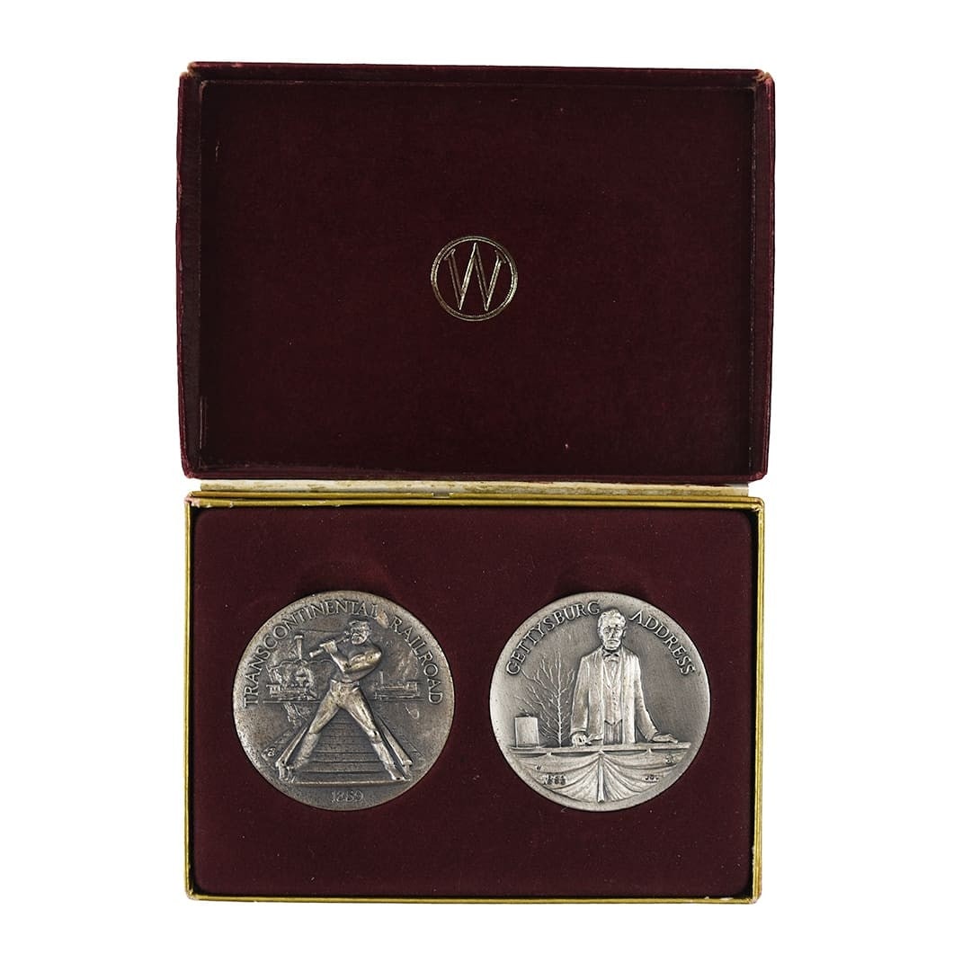 Silver Medallion Pair Commemorating Transcontinental Railroad and Gettysburg Address (1 of 1)
